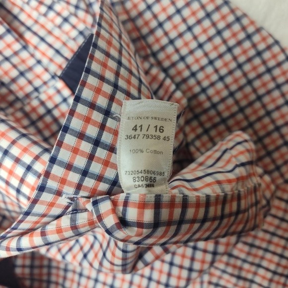 Eton Shirt Mens 16 41 Orange Blue Check Contemporary Fit Dress Button Up - Picture 7 of 12